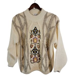 Vtg Y2K Margules Ivory Floral Chunky Cable Knit Pullover Sweater Sz L Y2K Retro